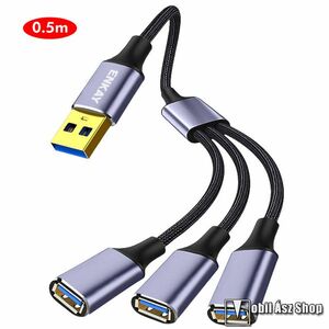 ENKAY 3 portos USB 3.0 hub, Elosztó, Szövettel bevont kábel, Törésgátló, 50cm hosszú, 4 készülék egyidejű töltésére is alkalmas, Szürke kép