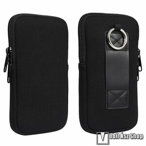 UNIVERZÁLIS álló tok, Cipzár, Karabiner, Övre fűzhető, Több fakkos, Szövet, Belső hálós zseb, max 175 x 95 x 18mm méretű készülékekhez, Fekete kép