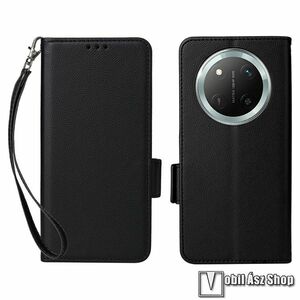 Honor X60 Pro 5G, X9c 5G, Magic7 Lite 5G, Slim Wallet telefontok, Notesz, Asztali tartó, Oldalra nyíló, Mágneses, Bankkártyatartó, Fényképtartó, Csuklópánt, PU bőr, TPU belső, Fekete kép