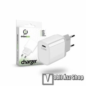 Dreamtech hálózati töltő 1x Type-C aljzattal, PD gyorstöltés támogatás, PD 20W, 5V/3A, 9V/2.22A, 12V/1.67A, Kábel nélkül, Fehér kép