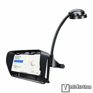 Univerzális autós tartó, Tapadókorongos, Szélvédőre vagy műszerfalra rögzíthető, 360°-ban forgatható, Állítható flexibilis kar, Napellenzővel, 140-280mm-ig nyíló bölcső, Fekete kép