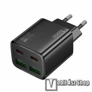HOCO N56 FUNDADOR hálózati töltő, 2x USB és 2x Type-C aljzat, 30W, QC 3.0, PD gyorstöltés támogatás, Kábel nélkül, Fekete kép