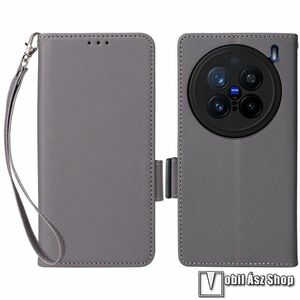 Vivo X200 Pro, Slim Wallet telefontok, Notesz, Asztali tartó, Oldalra nyíló, Mágneses, Bankkártyatartó, Csuklópánt, PU bőr, TPU, Szürke kép