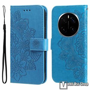 Honor Magic7 Pro, Telefontok, Notesz, Asztali tartó, Oldalra nyíló, Mágneses zárófül, Bankkártyatartó, Csuklópánt, PU bőr, Szilikon belső, Gravírozott virág mintás, Kék kép