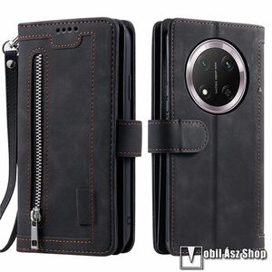 Honor Magic7 Lite, X9c, X60 Pro, Telefontok, Oldalra nyíló, Mágneses zárófül, Bankkártyatartó, Asztali tartó, Pénztárca, Cipzár, Csuklópánt, Szilikon belső, Fekete kép