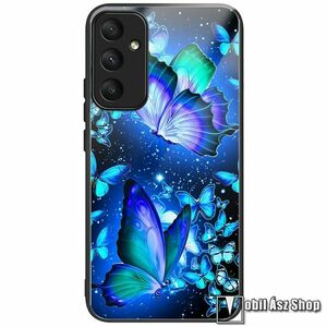 Samsung Galaxy A56 5G, Glass Case telefontok, Szilikon keret, Edzett üveg hátlap, Kék pillangó minta kép