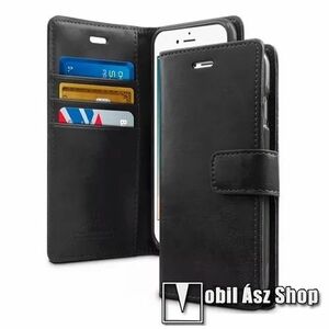 Huawei P9, Mercury Blue Moon Telefontok, Oldalra nyíló, Notesz, Asztali tartó, Bankkártyatartó, Mágneses zárófül, PU bőr, Szilikon belső, Fekete kép