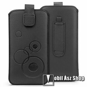 DEKOCASE UNIVERZÁLIS álló tok, PU bőr, Körmintás, Kihúzható tépőzár, Övre fűzhető, Belső velúrborítás, 167x91mm, Fekete kép