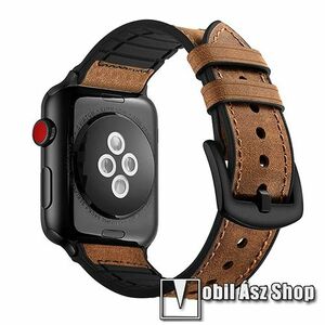 Apple Watch Series 1, 2, 3 42mm, 4, 5, 6, SE 44mm, 7, 8, 9 45mm, 10 46mm, Ultra, Okosóra szíj, Valódi bőr és szilikon, Csatos, Álltítható, Barna kép