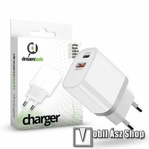 Dreamtech Charger hálózati töltő, 1x Type-C és 1x USB aljzattal, 20W, PD gyorstöltés támogatás, Kábel nélkül, Fehér kép