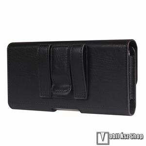 Univerzális fekvő telefontok, Övre fűzhető, Övcsipesz, Mágnes záródás, Gumis oldalak, PU bőr, max 180 x 90 x 15mm-es készülékekhez, Fekete kép