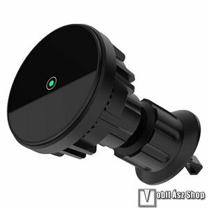MAGNETIC autós telefontartó, állvány, MagSafe mágneses, Szellőzőrácsra rögzíthető, 360°-ban forgatható, Beépített QI Wireless vezetéknélküli töltő funkció, 15W, Fogadóegység nélkül, Fekete kép