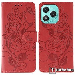 Honor 400 Lite, Telefontok, Notesz, Asztali tartó, Oldalra nyíló, Mágneses zárófül, Bankkártyatartó, Csuklópánt, PU bőr, TPU, Gravírozott rózsa mintás, Piros kép