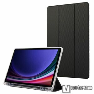 Samsung Galaxy Tab S10 Lite, S10 FE, S9 FE, S9, Tablet tok, Mappa, Oldalra nyíló, Trifold asztali tartó, Ceruzatartó, PU bőr, Szilikon, Karbon minta, Fekete kép