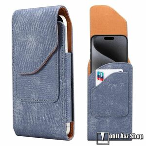 Univerzális telefontok, Álló, Rejtett mágneses záródás, Bankkártyatartó, Övre fűzhető, Övcsipesz, Farmer hatású, PU bőr, 170x87x18mm, Kék kép