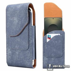 Univerzális telefontok, Álló, Rejtett mágneses záródás, Bankkártyatartó, Övre fűzhető, Övcsipesz, Farmer hatású, PU bőr, 176x87x20mm, Kék kép