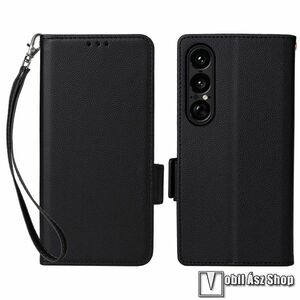 Sony Xperia 1 VII, Slim Wallet telefontok, Notesz, Asztali tartó, Oldalra nyíló, Mágneses, Bankkártyatartó, Csuklópánt, PU bőr, TPU belső, Fekete kép