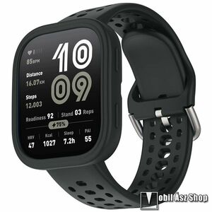 Xiaomi Amazfit Bip 6, Okosóra szíj, Szilikon, Légáteresztő, Állítható méret, Csat + Okosóra szilikontok, Keret, Bumper, Fekete kép