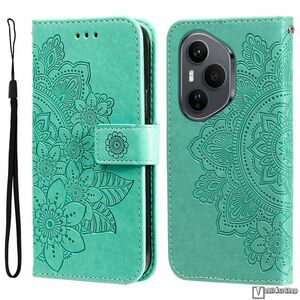 Honor 400 Pro, Telefontok, Notesz, Asztali tartó, Oldalra nyíló, Bankkártyatartó, Mágneses zárófül, Csuklópánt, PU bőr, Szilikon belső, Gravírozott manda virág mintás, Mentazöld kép