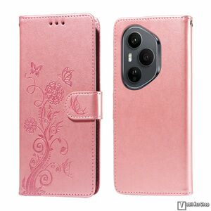 Honor 400 Pro, Telefontok, Notesz, Asztali tartó, Oldalra nyíló, Bankkártyatartó, Mágneses zárófül, Csuklópánt, PU bőr, Szilikon belső, Gravírozott virág és lepke mintás, Rózsaszín kép