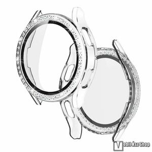 Samsung Galaxy Watch4 40mm, Okosóra műanyag védőtok, Keret, 9H edzett üvegfólia, Strasszkő, Átlátszó kép