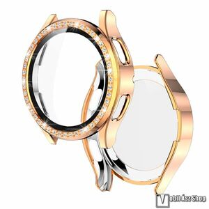 Samsung Galaxy Watch4 40mm, Okosóra műanyag védőtok, Keret, 9H edzett üvegfólia, Strasszkő, Rose Gold kép