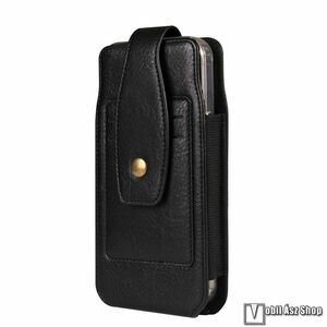 Univerzális álló tok, Övre fűzhető, Övcsipesz, PU bőr, Mágnespatent, Gumis, Kártyatartó, 170 x 80 x 20mm, Fekete kép