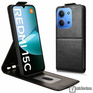 Xiaomi Redmi 15C 4G, 5G, Telefontok, Lefelé nyíló flip, PU bőr, Mágneses zárófül, Bankkártyatartó, Kitámasztható, Fekete kép
