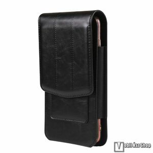 Univerzális álló tok, Övre fűzhető, Övcsipesz, PU bőr, Mágnespatent, Gumis, Bankkártyatartó, 170 x 85 x 18mm, Fekete kép