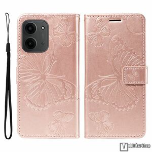 Xiaomi Redmi 15C 5G, 4G, Telefontok, Notesz, Asztali tartó, Oldalra nyíló, Mágneses zárófül, Bankkártyatartó, Csuklópánt, PU bőr, Szilikon belső, Gravírozott pillangó mintás, Rose Gold kép