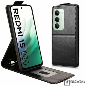 Xiaomi Redmi 15 4G, Telefontok, Lefelé nyíló flip, PU bőr, Mágneses zárófül, Bankkártyatartó, Kitámasztható, Fekete kép