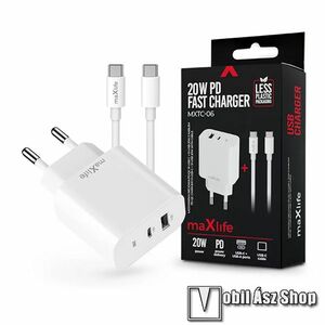 MAXLIFE hálózati töltő, 2x USB-C és 1x USB-A aljzat, 20W, PD, QC3.0 gyorstöltés támogatás, 1m USB-C / USB-C kábel, Fehér kép