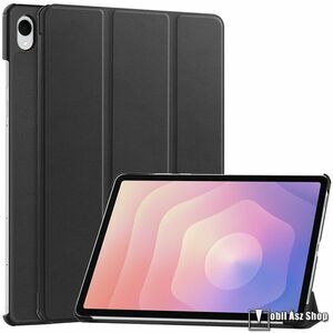 Samsung Galaxy Tab S11, Tablet tok, Mappa, Oldalra nyíló, Trifold asztali tartó, Műanyag belső, PU bőr, Fekete kép