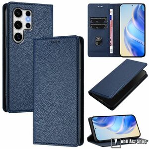 Samsung Galaxy S25 Ultra, Telefontok, Notesz, Asztali tartó, Oldalra nyíló, Rejtett mágneses záródás, Bankkártyatartó, RFID védelem, PU bőr, Szilikon belső, Sötétkék kép