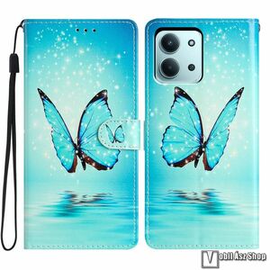 Xiaomi Redmi 15C 5G, 4G, Telefontok, Notesz, Asztali tartó, Oldalra nyíló, Mágneses zárófül, Bankkártyatartó, Csuklópánt, PU bőr, Szilikon, Kék pillangó minta kép