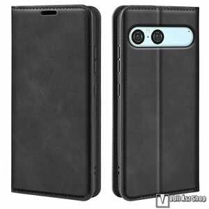 Sony Xperia 10 VII, Telefontok, Notesz, Oldalra nyíló, Asztali tartó, Rejtett mágneses záródás, Kártyazseb, PU bőr, Szilikon belső, Fekete kép