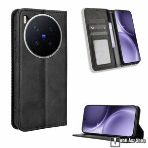 Vivo X300 Pro, Retro Wallet telefontok, Notesz, Asztali tartó, Oldalra nyíló, Mágneses, Bankkártyatartó, PU bőr, TPU, Fekete kép