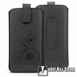 DEKOCASE UNIVERZÁLIS álló tok - FEKETE - PU bőr, körmintás, kihúzható tépőzár, övre fűzhető, belső velúrborítás, külső méret: 158 x 84mm, belső méret: 140 x 70 x 10mm kép