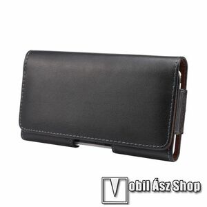Valódi bőr fekvő tok - övre fűzhető, övcsipesz, rejtett mágneses záródás - FEKETE - 160 x 79 x 10mm kép