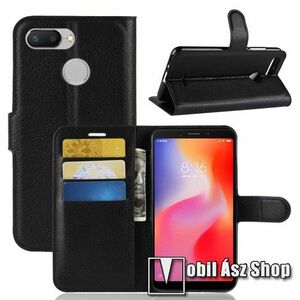 WALLET notesz tok / flip tok - FEKETE - asztali tartó funkciós, oldalra nyíló, rejtett mágneses záródás, bankkártyatartó zseb, szilikon belső - Xiaomi Redmi 6 kép