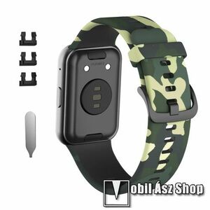 Okosóra szíj - szilikon - ZÖLD TEREPMINTÁS - 120mm + 90mm hosszú, 135-235mm-es csuklóméretig ajánlott - HUAWEI Watch Fit / Watch Fit Elegant Edition kép