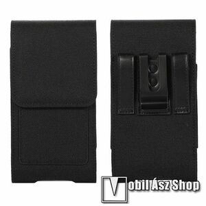 UNIVERZÁLIS álló tok - övre fűzhető / övcsipesz, mágneses záródás, bankkártyatartó zseb, gumis, cseppálló oxford szövet - belső méret: 177 x 92mm - FEKETE kép