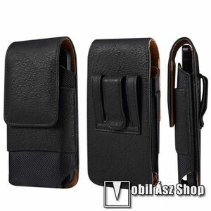UNIVERZÁLIS álló tok - valódi bőr / szövet, cseppálló, övre fűzhető, övcsipesz, mágneses záródás, bankkártyatartó zseb, 170 x 85 x 18mm - FEKETE kép