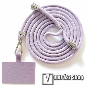 UNIVERZÁLIS tokba helyezhető nyakpánt / vállpánt - VILÁGOSLILA - tokba helyezhető tartó rész, szövettel bevont, állítható hosszúságú, ezüst fém kampóval, 160cm hosszú kép