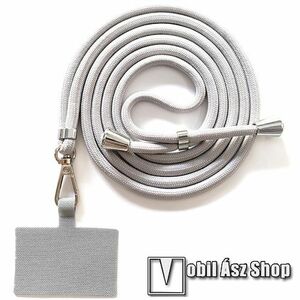 UNIVERZÁLIS tokba helyezhető nyakpánt / vállpánt - VILÁGOSSZÜRKE - tokba helyezhető tartó rész, szövettel bevont, állítható hosszúságú, ezüst fém kampóval, 160cm hosszú kép