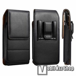 UNIVERZÁLIS álló tok - FEKETE - PU bőr és oxford szövet, övre fűzhető, övcsipesz, bankkártyatartó zseb, mágneses záródás - max 170 x 85 x 20mm méretű készülékekhez kép
