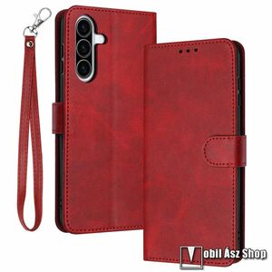 Samsung Galaxy A56 5G, Telefontok, Notesz, Oldalra nyíló, Asztali tartó, Mágneses zárófül, Bankkártyatartó, Csuklópánt, PU bőr, Szilikon belső, Piros kép