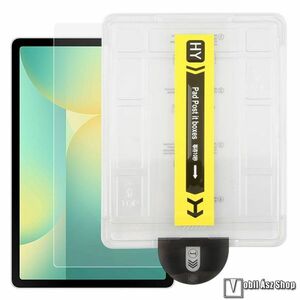 Samsung Galaxy Tab S11, S10 Lite, S10 FE, S9 FE, S9, S8, S7, Előlapvédő karcálló edzett üvegfólia, 0, 3 mm vékony, 9H, Arc Edge, A képernyő sík részét védi, 1db, Felhelyezést segítő keret, Átlátszó kép