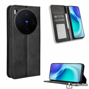 Vivo X300, Retro Wallet telefontok, Notesz, Asztali tartó, Oldalra nyíló, Mágneses, Bankkártyatartó, PU bőr, TPU, Fekete kép