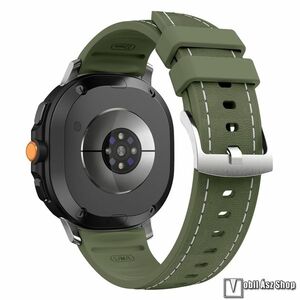 Samsung Galaxy Watch8 44mm, 40mm, Watch8 Classic, Okosóra szíj, Szilikon, PU bőr külső, Csat, 90+125mm hosszú, Varrás minta, Sötétzöld kép